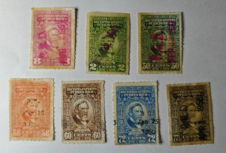 LOTE DE 3: Estampillas de ingresos de Puerto Rico de Estados Unidos Scott RE42 36¢ Licores rectificados + 7 sellos Foto 3 de 3