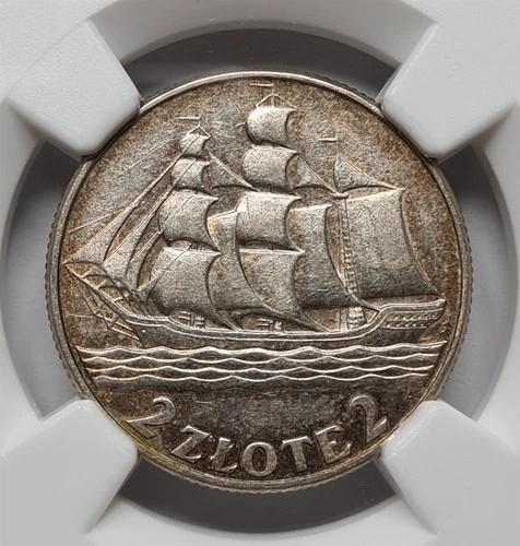 POLAND Republic 2 zlote 1936 NGC AU 55 AU - UNC Ship Gdynia Seaport Silver #2