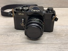 VINTAGE CANON F-1 CAMERA 651118 BLACK JAPAN w/ CANON FD 50mm LENS & Strap