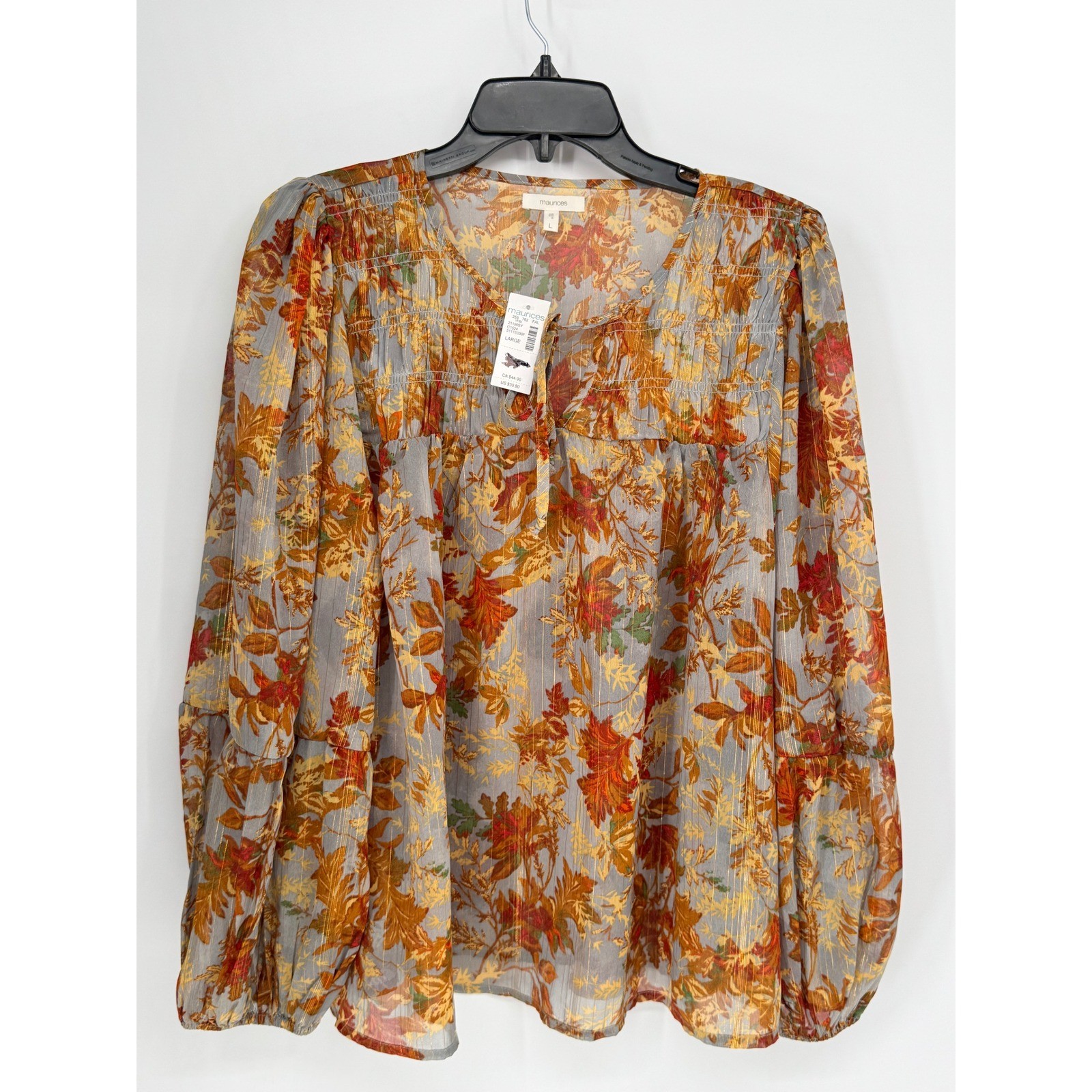 Maurices Babydoll Blouse Womens Size Large Grey Orange New Fall Leaf Metallic