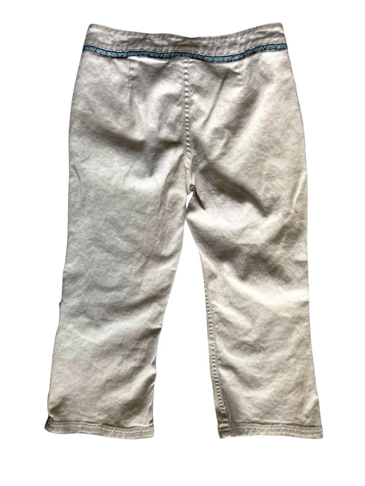 Vintage Y2K Womens Flare Capri Pants Size 14 Khaki Ribbon Trim 2000 Western Boho - Image 4 of 4