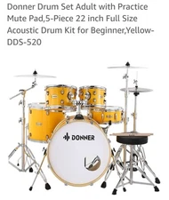 Donner Drum Set Adult with Practice Mute Pad,5-Piece 22 inch Full Size Acoustic