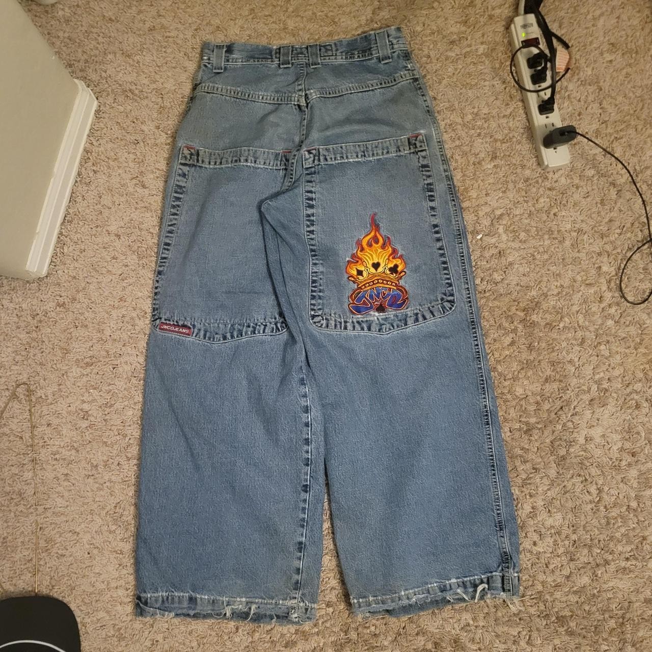 Vintage Y2K Mens JNCO Flaming Spade 28x30 Wide Leg Blue Baggy Skater Jeans