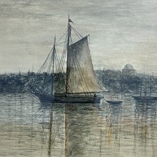 marine watercolor painting Antique Watercolor Seascape with Sailboats in Carved Wood Frame — listing 3
