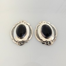 Native American Sterling Silver Black Onyx Stamped Post Earrings - Signed