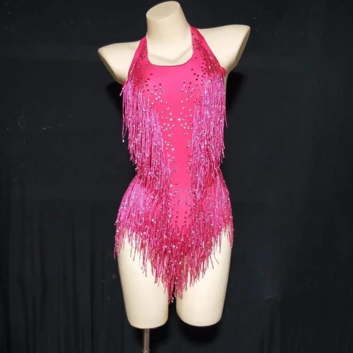 Quasten Ärmellos Neckholder Sexy Kostüm Damen Einteiler Strass Latein Tanz - Bild 10 von 38