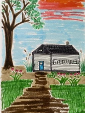 Printable Wall Art Hand Drawn Doodle Grey House Sunset Download Digital Image