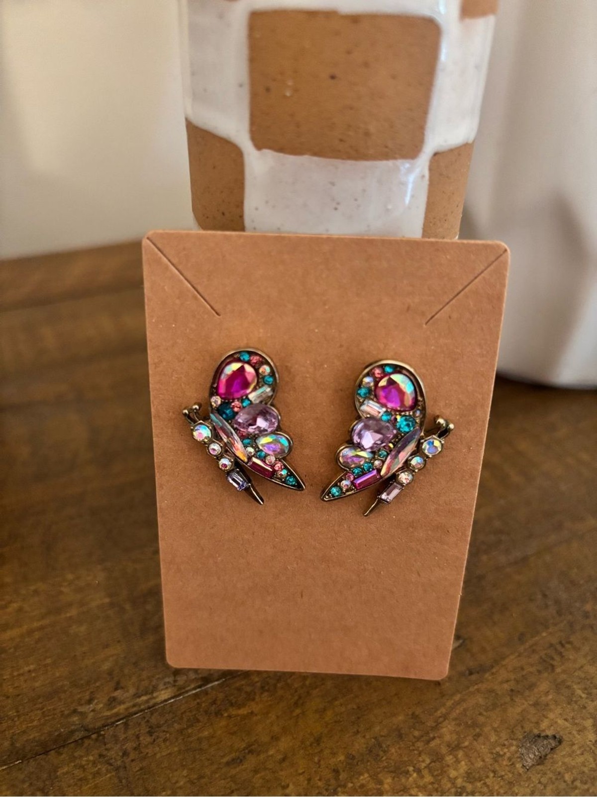 Betsey Johnson Butterfly Stud Earrings Multicolor Crystal Rhinestone Gold Tone