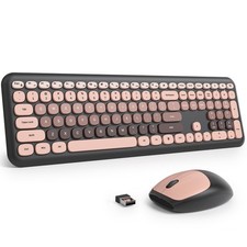 Quiet Pink Wireless Keyboard and Mouse, 2.4GHz Retro Cute Typewriter-Style Fu...