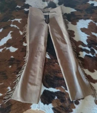 WESTERN Used Women Fringed Chaps Tan LEATHER SUEDE HORSE SHOW Quality Made
