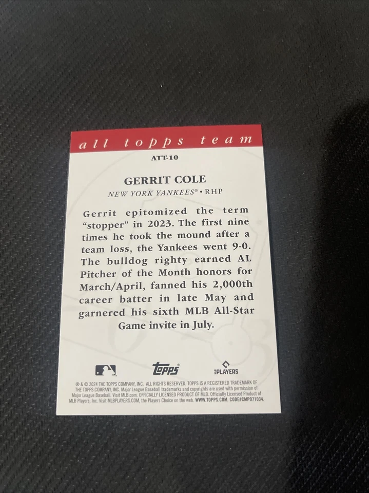 Gerrit Cole Card #Att10 All Topps Team New York Yankees 2024 Topps Series 1 MLB - Image 2 of 2