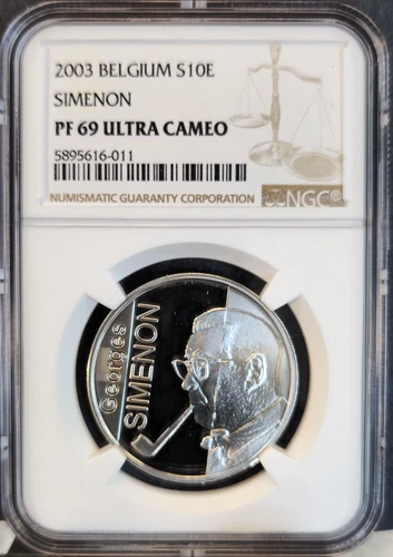 2003 BELGIUM SILVER 10 EURO S10E GEORGES SIMENON NGC PF 69 ULTRA CAMEO TOP POP