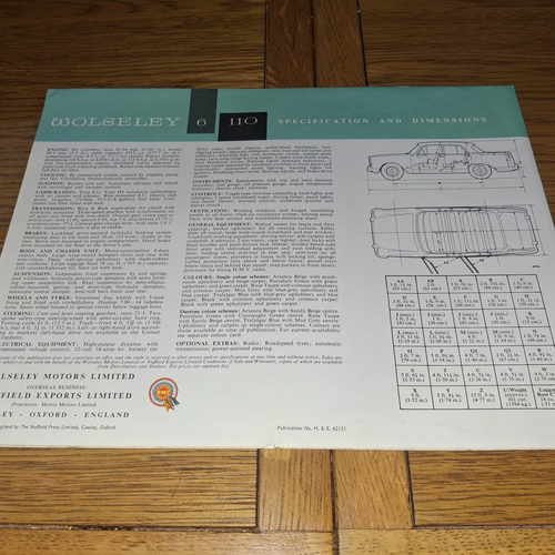 FOLLETO DE VENTAS ORIGINAL "WOLSELEY 6/110" (3LT) DE PRINCIPIOS DE LA DÉCADA DE 1960 (TIPO DESPLEGABLE) *COMO NUEVO* - Imagen 2 de 3