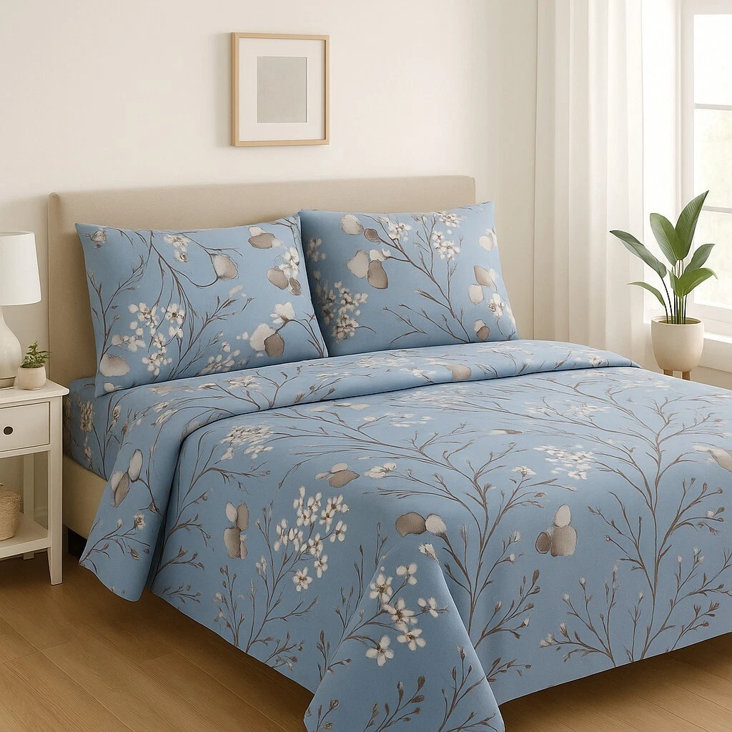 Faincy Set copripiumino king size con lenzuola, 7 pezzi, motivo floreale bianco, giallo, stampa con motivo a foglie verdi, reversibile, 104 x 90 cm, in morbida microfibra, biancheria da letto in una