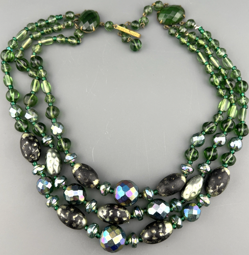 Vintage West Germany Necklace Green AB Austrian Crystal Bead 3 Strand 15" READ