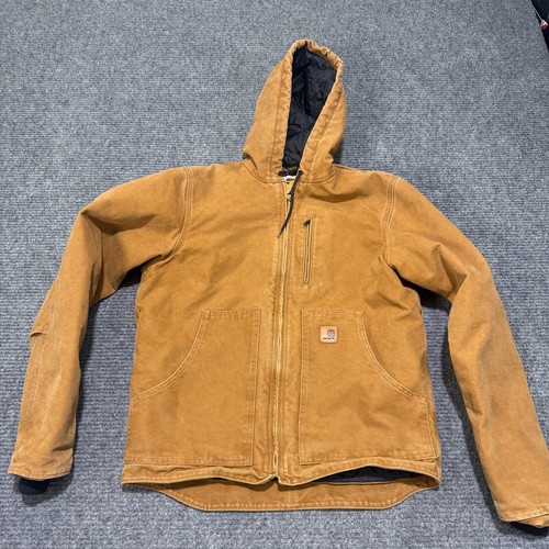 Carhartt Jacket Mens Medium Brown Quilt Lined Duck Canvas Worn 100786 Hooded