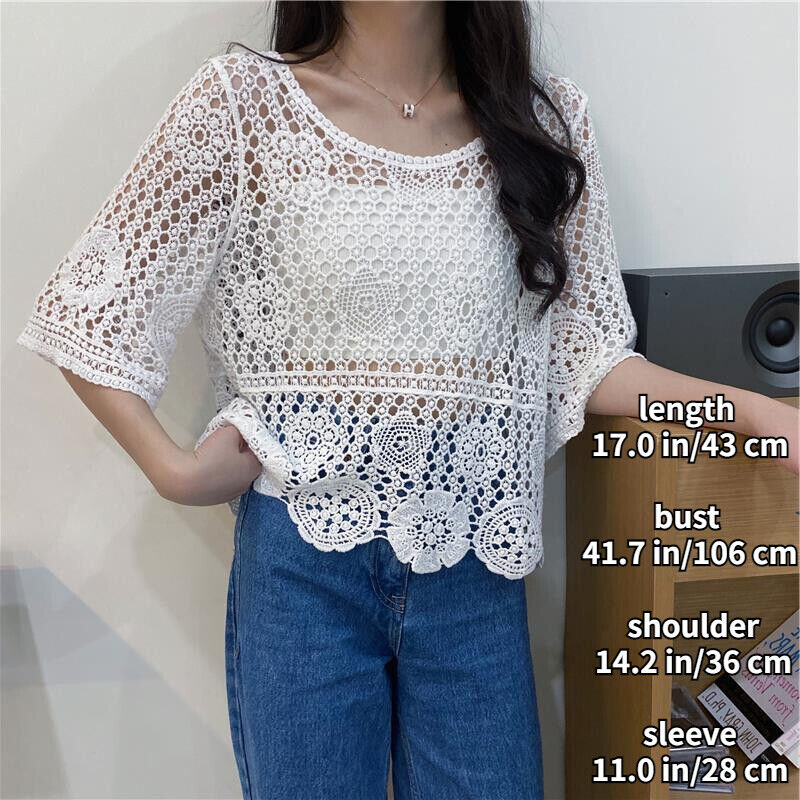 Women Hollow Crochet Top Knit Pullover Half Sleeve Shirt