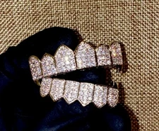 Italy Silver Finish CZ Cluster Custom Slugs Top Bottom Fang GRILLZ Mouth Set