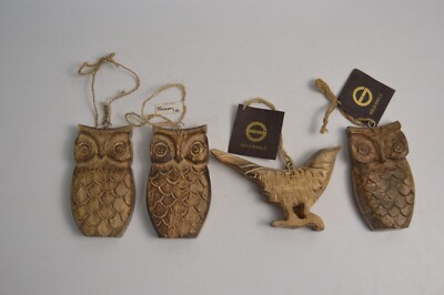 4 Wood Owl Bird Christmas Tree Ornaments Raven ''Gold Eagle'' Brand Chunky