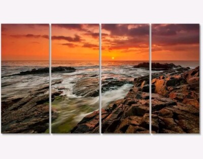 Designart Stormy Waves Rushing Into Rocks-Beach Canvas Wall Art-48x28 4 Piece