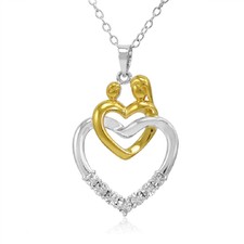 Two Tone Sterling Silver Mother and Child Diamond Heart Pendant Necklace