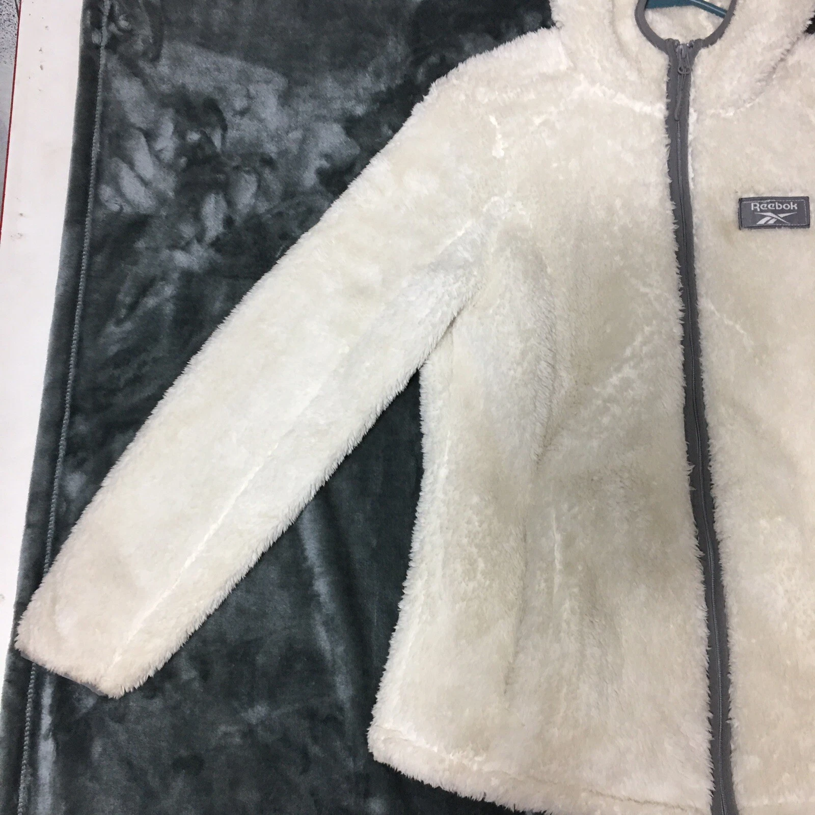 OFF WHITE Felpa con cappuccio donna Reebok cerniera intera pile bianca media con accenti grigi