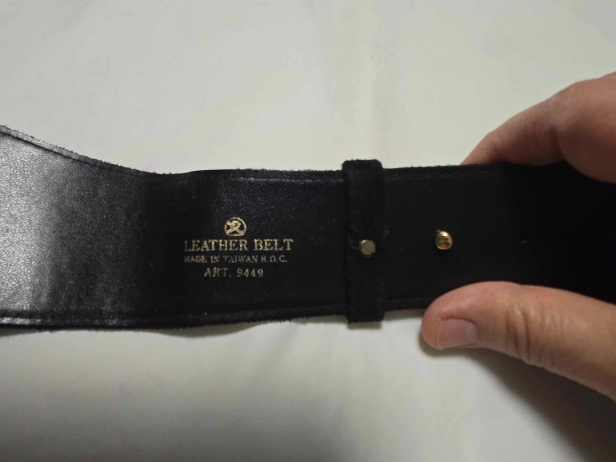 Art 9 Black Suede Wide Leather Belt Gold Hook Front Adjustable Screw Back VTG Petrified oak Wide Belt in Suede | TWP main image 4