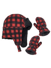 NICE CAPS Toddler Boys Baby Buffalo Plaid Fleece Trooper Hat Mitten Winter Set