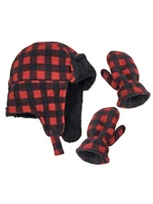 NICE CAPS Toddler Boys Baby Buffalo Plaid Fleece Trooper Hat Mitten Winter Set