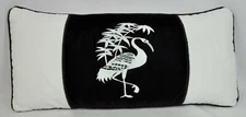 NEW Corded & Embroidered Crane Pillow on Black Velvet & White Linen Like Fabric