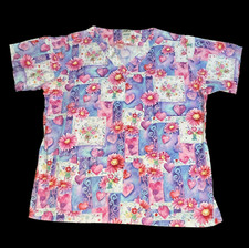 Uniform Advantage White Pink Purple Watercolor Floral Heart Scrub Shirt Medium