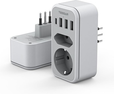 TESSAN Adapter Italien Steckdose, 6 in 1 Reiseadapter mit 1 USB C, 2500W, Typ L