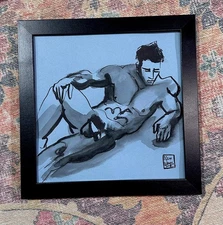 original ink sketch 8x8 Gay Art Portrait male boy portrait muscle model framed