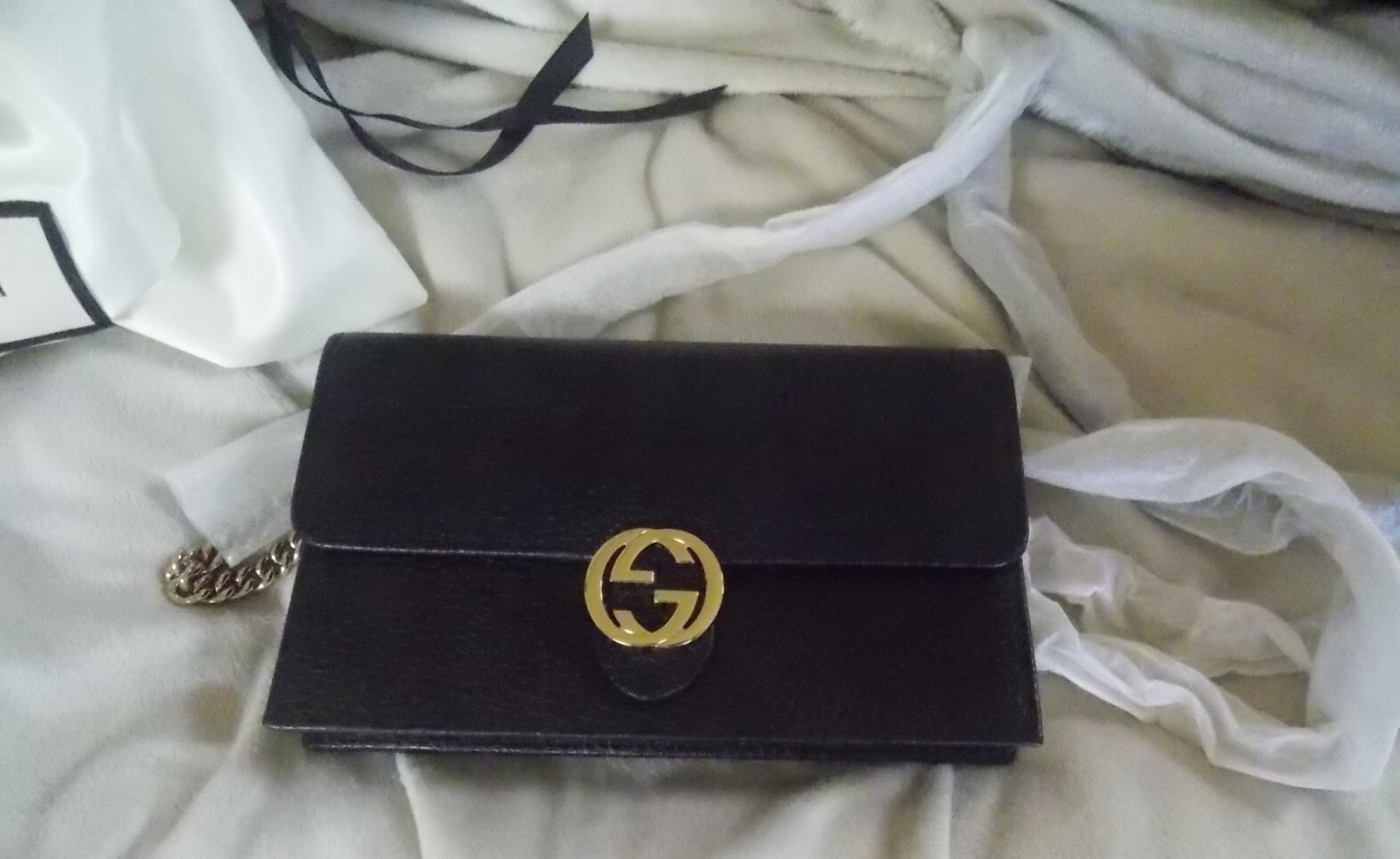 GUCCI black Leather INTERLOCKING G crossbody CHAIN bag wallet NWT Authentc