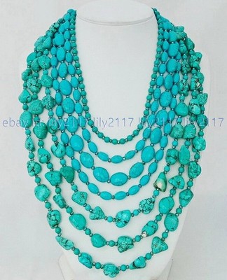 7 Strands Natural Multi Shape Blue Turquoise Gems Crystal Beads Necklace 19-31''
