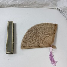 Vintage Chinese Carved Sandalwood Folding Hand Fan Intricate Openwork W Box