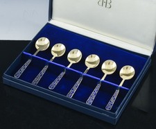 SET 6 ART DECO RUSSIAN FOR BIRKS STERLING SILVER BLUE ENAMEL TEA COFFEE SPOONS