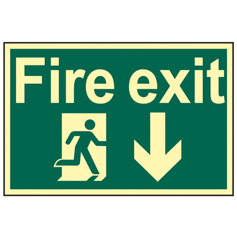 Scan Fire Exit Running Man Arrow Down - Photoluminescent 300 x 200mm