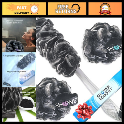 Charcoal Back Loofah with Handle & 2 Bath Sponge Puffs - Exfoliating Set