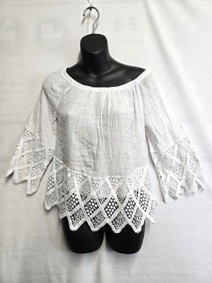 UNIQUE SPECTRUM WHITE LACY WOMENS PEASANT BLOUSE IN MED