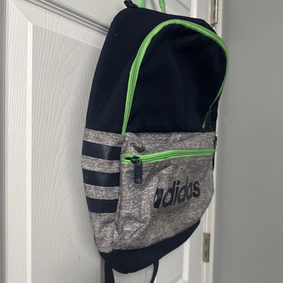 Adidas Classic 3 Stripe Backpack Grey Navy Geen Insulated Front Pocket - Image 2 of 4