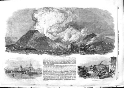 Original alter antiker Druck 1852 Berg Ätna Ausbruch Vulkan Catania