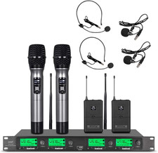 UHF Wireless Microphone System - 4 Channel with Handheld, Headset  Lavalier Mic