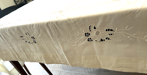Vtg Embroidered Flat Sheet Italy Cut & Drawn Work Ecru Cotton F/Q 90x100" UNUSED - Picture 3 of 8
