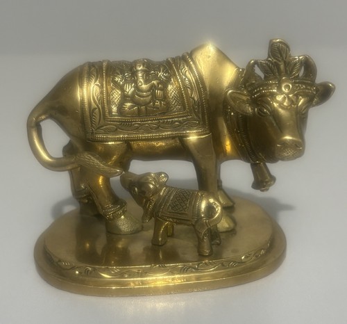 Handcrafted Solid Brass Kamdhenu Cow And Calf Statue With Ganesha On Back