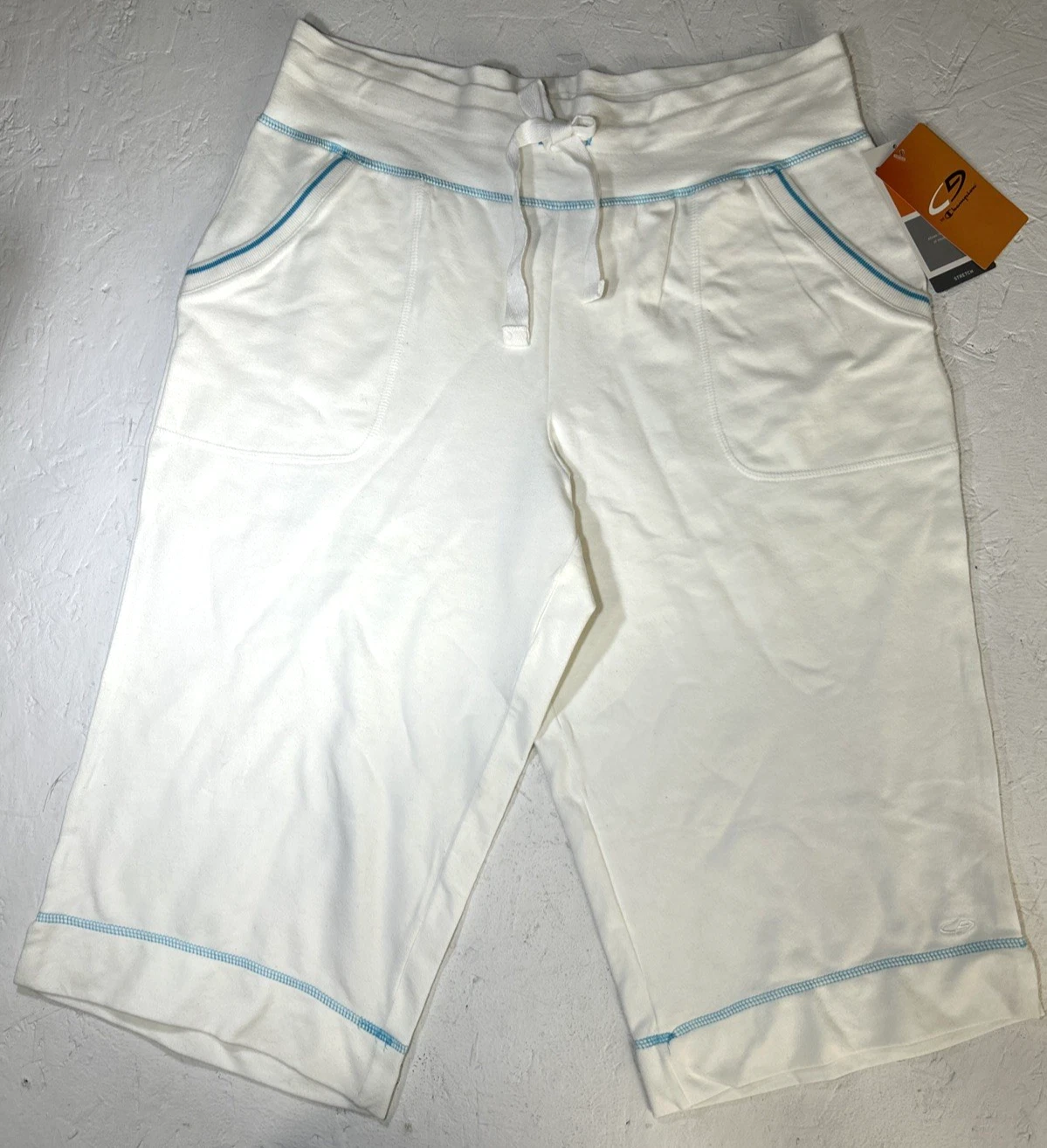 VTG Champion Mens Unisex Shorts White w Baby Blue Stitching Deadstock NWT Large