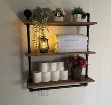 Industrial Floating Pipe Wall Shelves with Towel Rack,30 in Industrial Pipe S...