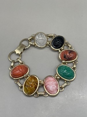 Vintage Signed Coro EGYPTIAN REVIVAL SCARAB GoldTone Multicolor Lucite Bracelet