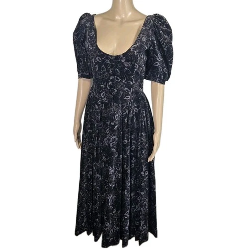 Laura Ashley 100% Cotton Black/Gray Velvet Full Skirt Midi Dress, Sz 10, EUC