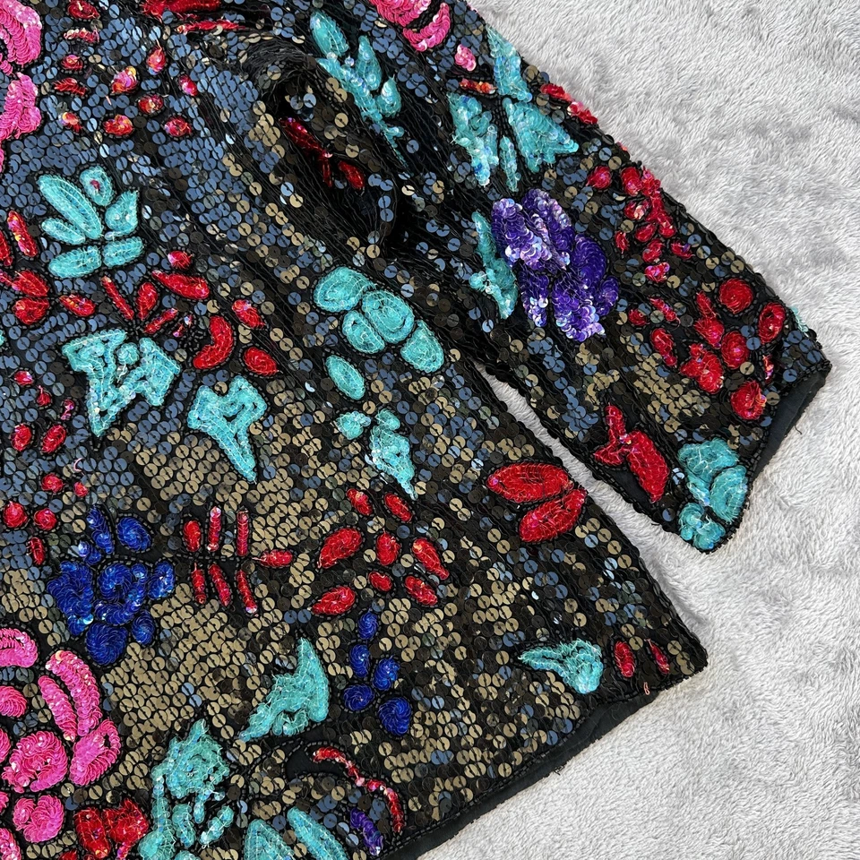 Suéter Vintage Joseph Le Bon Mujer XL Negro Seda Lentejuelas Floral Cuentas Años 80 Top Foto 4 de 4